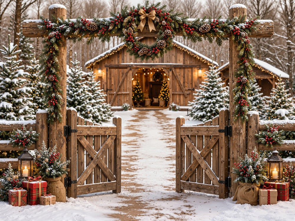 Kate Christmas Garland Rustic Gate Snowy Cabin Path Matte UV Printed Vinyl Backdrop