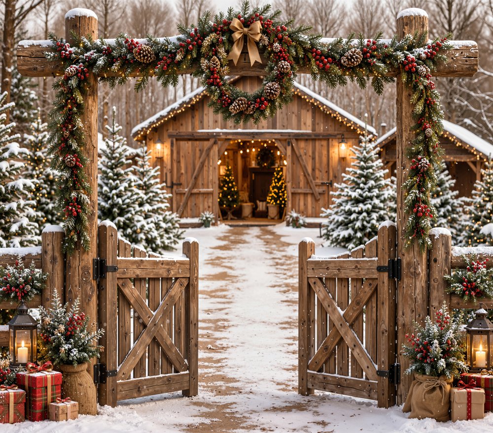 Kate Christmas Garland Rustic Gate Snowy Cabin Path Matte UV Printed Vinyl Backdrop