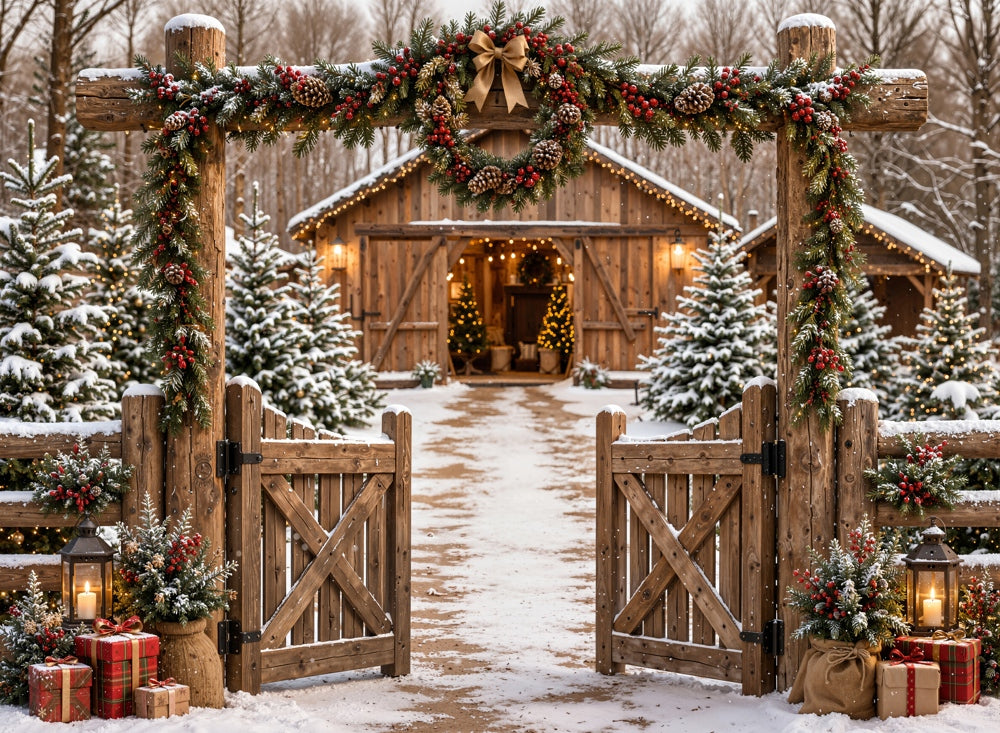 Kate Christmas Garland Rustic Gate Snowy Cabin Path Matte UV Printed Vinyl Backdrop