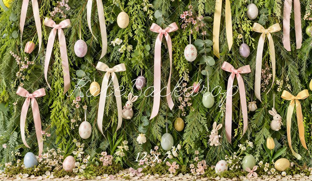 Kate Easter Bow Ribbon Bunny Floral Greenery Egg Matte UV Printed Vinyl Backdrop