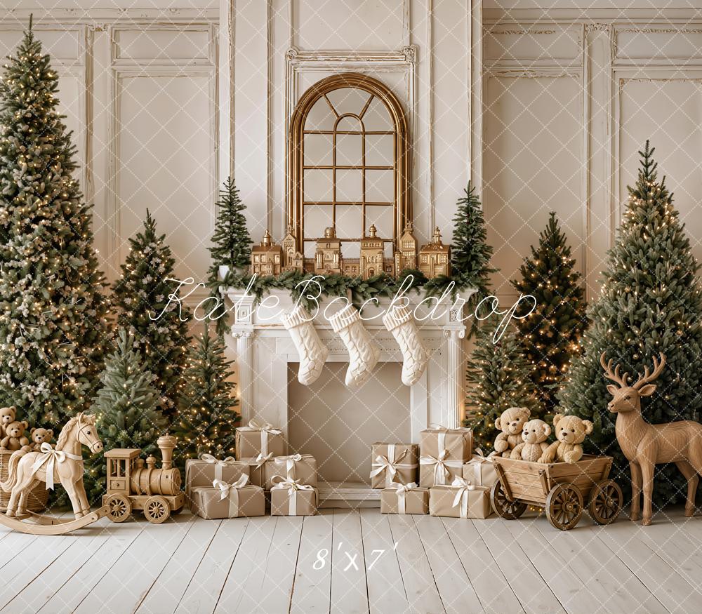 Kate Christmas Fireplace Trees Gifts Wood Reindeer Rocking Horse Matte UV Printed Vinyl Backdrop