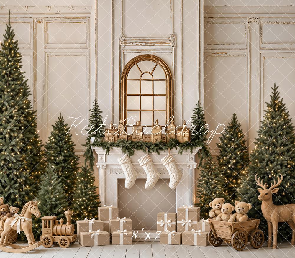 Kate Christmas Fireplace Trees Gifts Wood Reindeer Rocking Horse Matte UV Printed Vinyl Backdrop