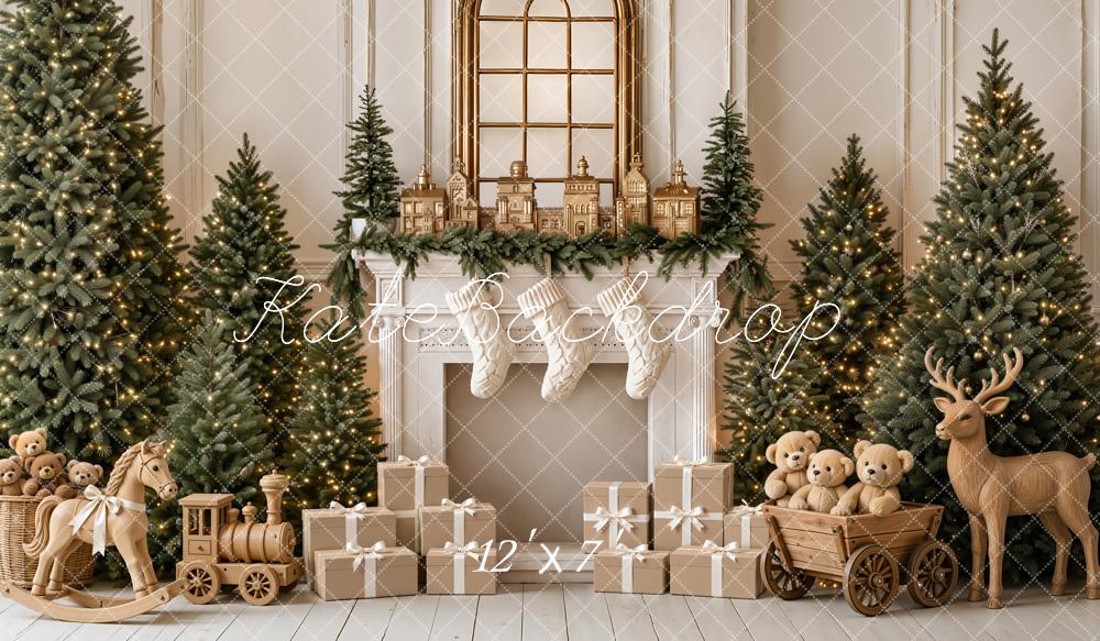 Kate Christmas Fireplace Trees Gifts Wood Reindeer Rocking Horse Matte UV Printed Vinyl Backdrop