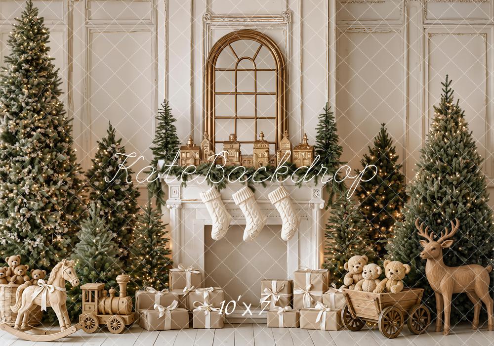 Kate Christmas Fireplace Trees Gifts Wood Reindeer Rocking Horse Matte UV Printed Vinyl Backdrop