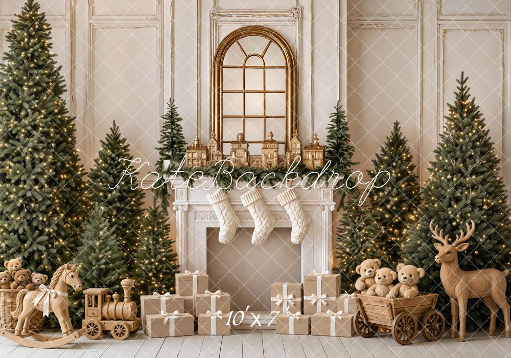 Kate Christmas Fireplace Trees Gifts Wood Reindeer Rocking Horse Matte UV Printed Vinyl Backdrop