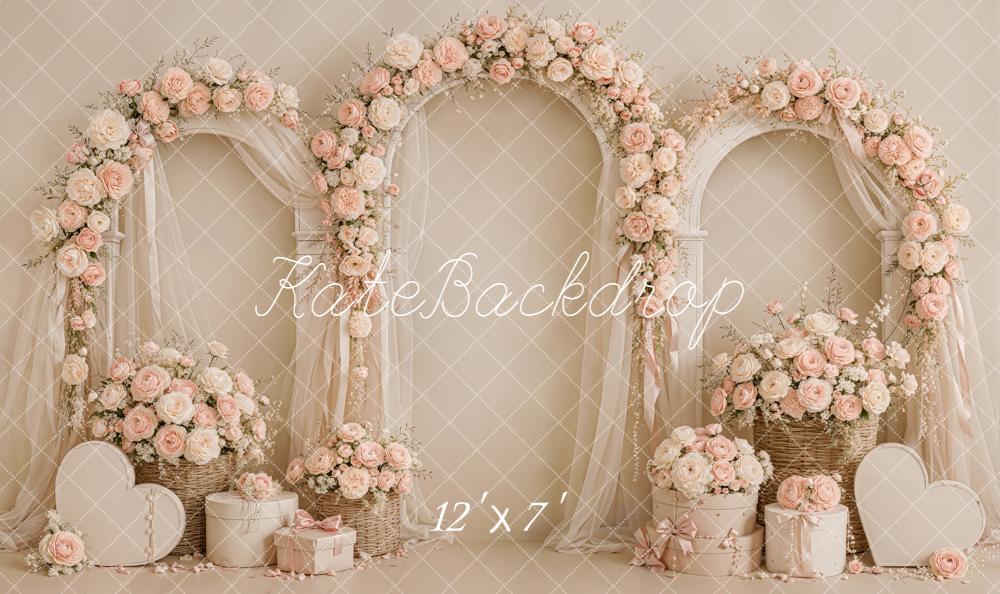 Kate Valentine's Day Pink Floral Arches Sheer Drapes Heart Matte UV Printed Vinyl Backdrop