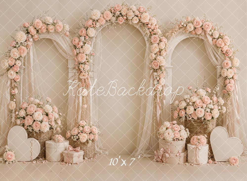 Kate Valentine's Day Pink Floral Arches Sheer Drapes Heart Matte UV Printed Vinyl Backdrop