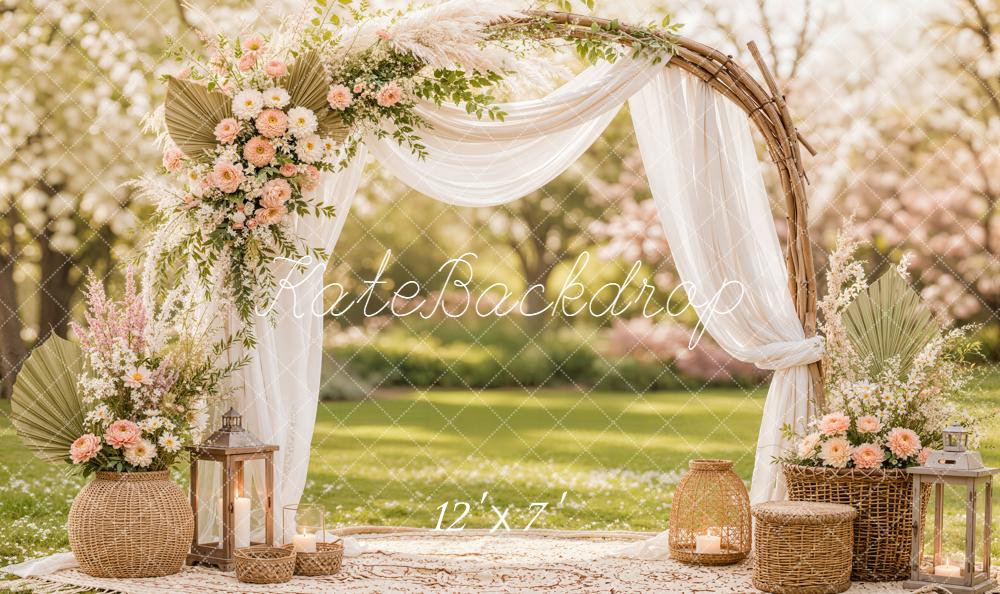 Kate Spring Boho Floral Arch Sheer Drapes Garden Matte UV Printed Vinyl Backdrop