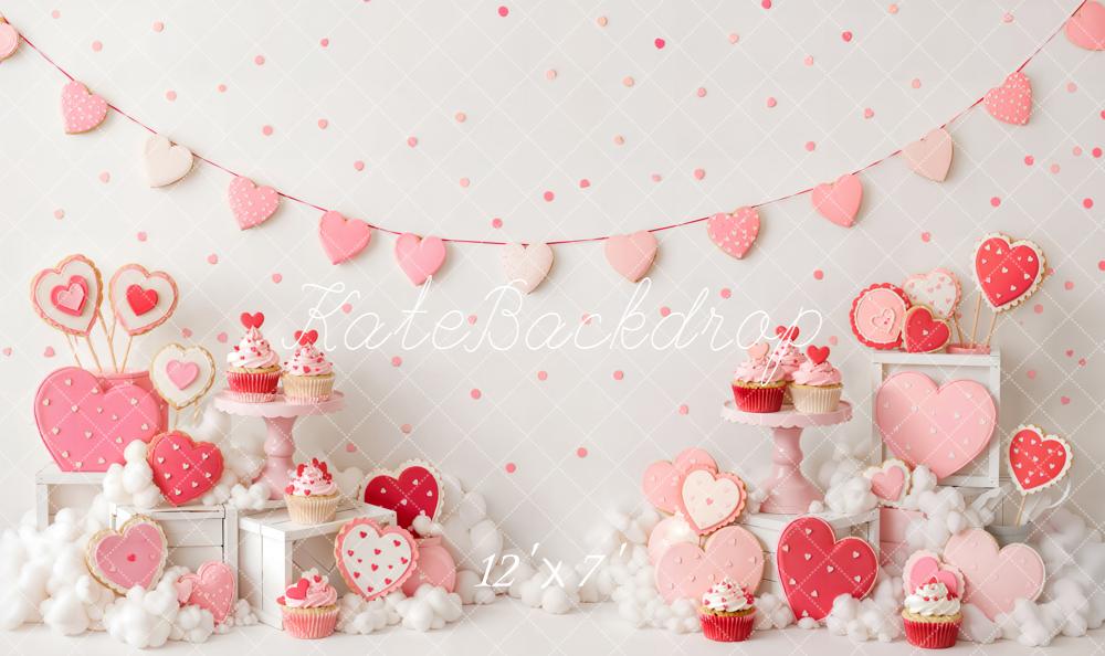 Kate Valentine's Day Birthday Pink Heart Cupcake Dessert Table Matte UV Printed Vinyl Backdrop