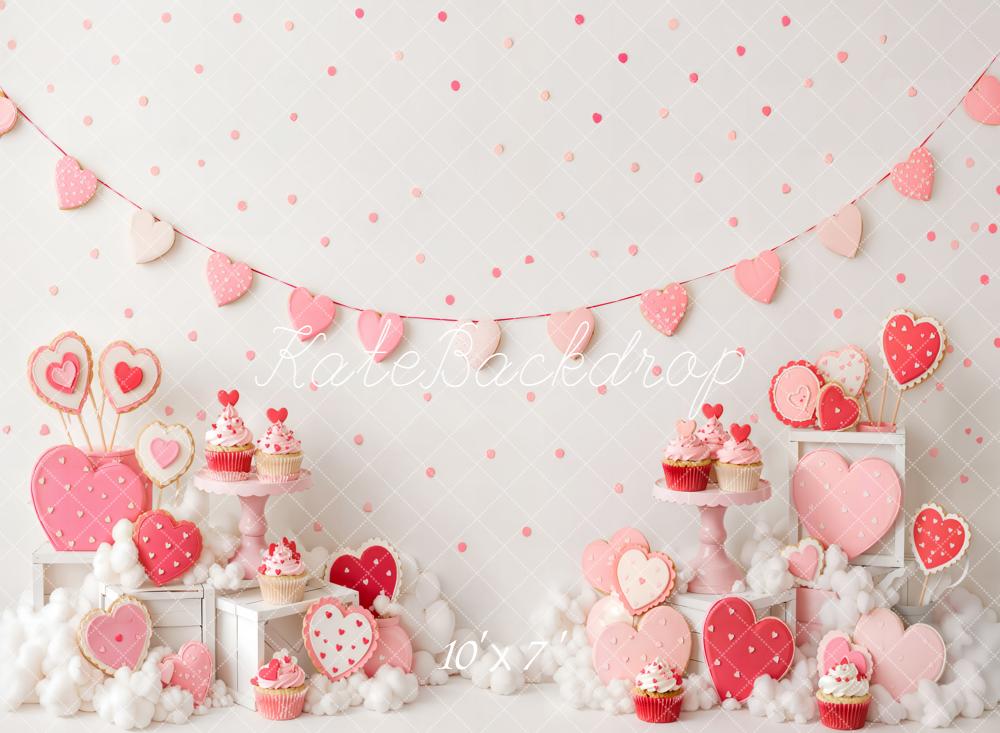 Kate Valentine's Day Birthday Pink Heart Cupcake Dessert Table Matte UV Printed Vinyl Backdrop