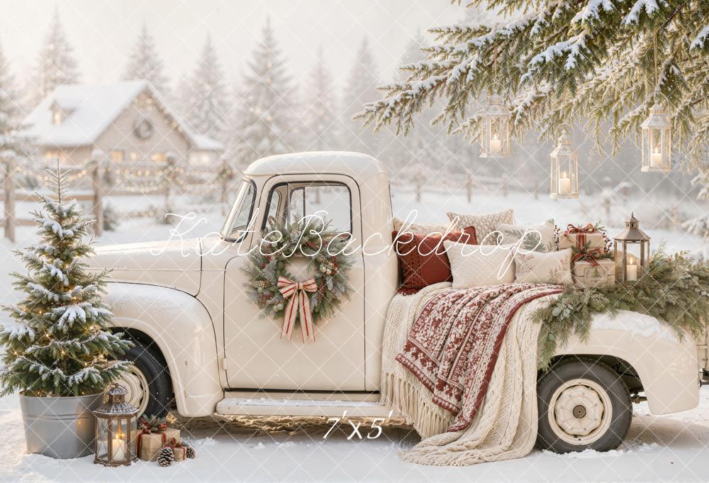 Kate Christmas Countryside Vintage White Truck Snowy Lanterns Blanket Matte UV Printed Vinyl Backdrop