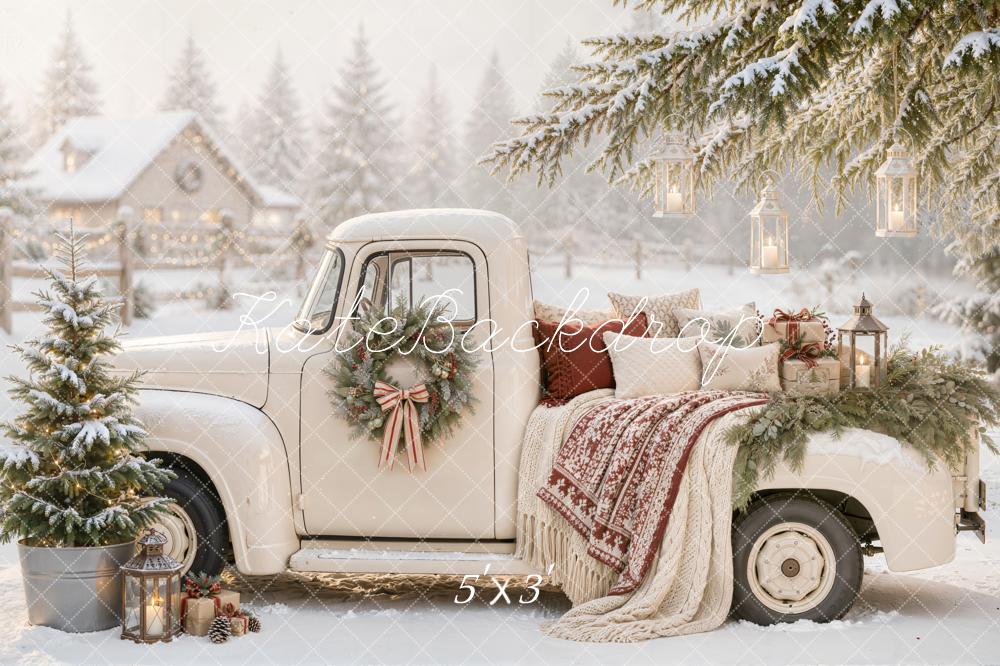 Kate Christmas Countryside Vintage White Truck Snowy Lanterns Blanket Matte UV Printed Vinyl Backdrop