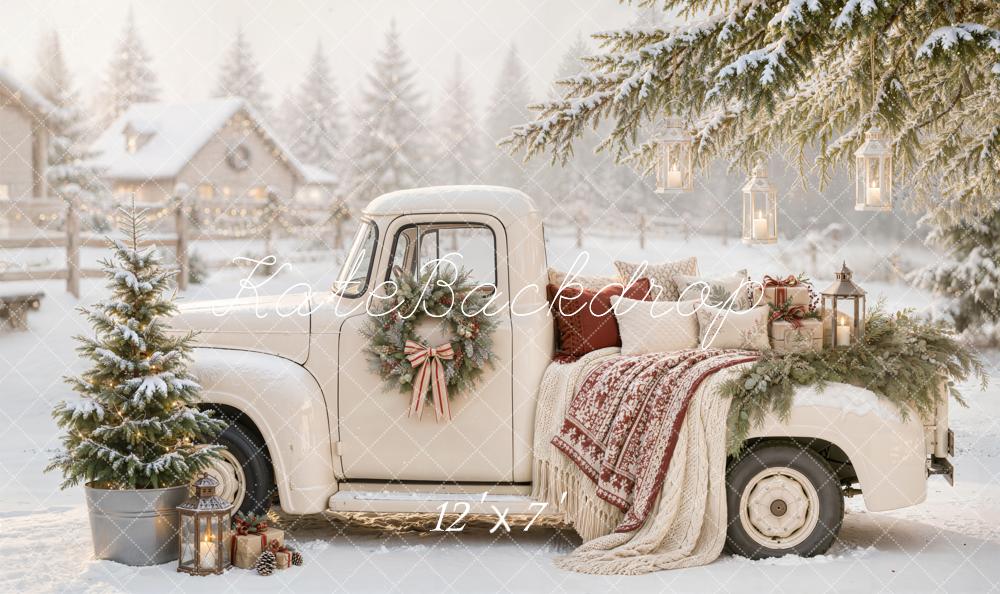 Kate Christmas Countryside Vintage White Truck Snowy Lanterns Blanket Matte UV Printed Vinyl Backdrop