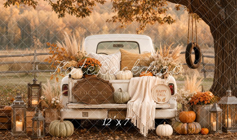 Kate Fall Vintage Truck Pumpkin Cozy Blanket Tree Swing Matte UV Printed Vinyl Backdrop