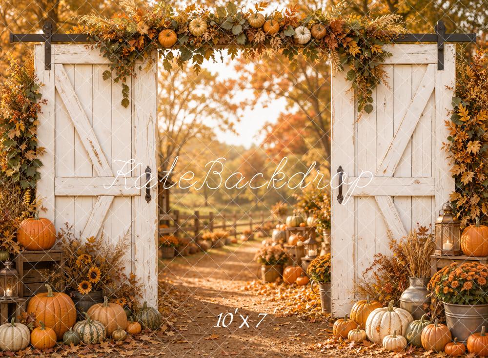 Kate Fall White Barn Door Pumpkin Floral Path Matte UV Printed Vinyl Backdrop