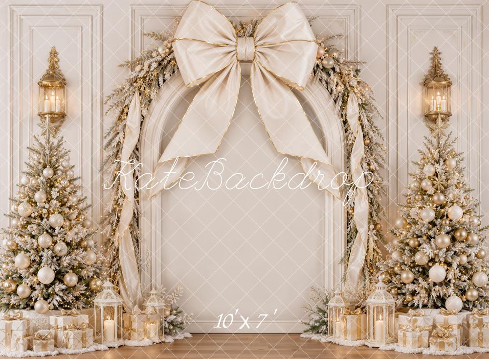 Kate Christmas White Gold Bow Luxury Trees Garland Matte UV Printed Vinyl Backdrop