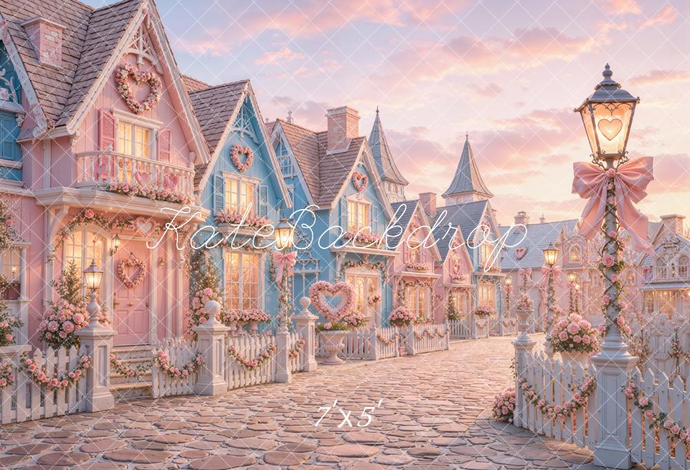 Kate Valentine's Day Street Pink Heart Cottage Village Matte UV Printed Vinyl Backdrop