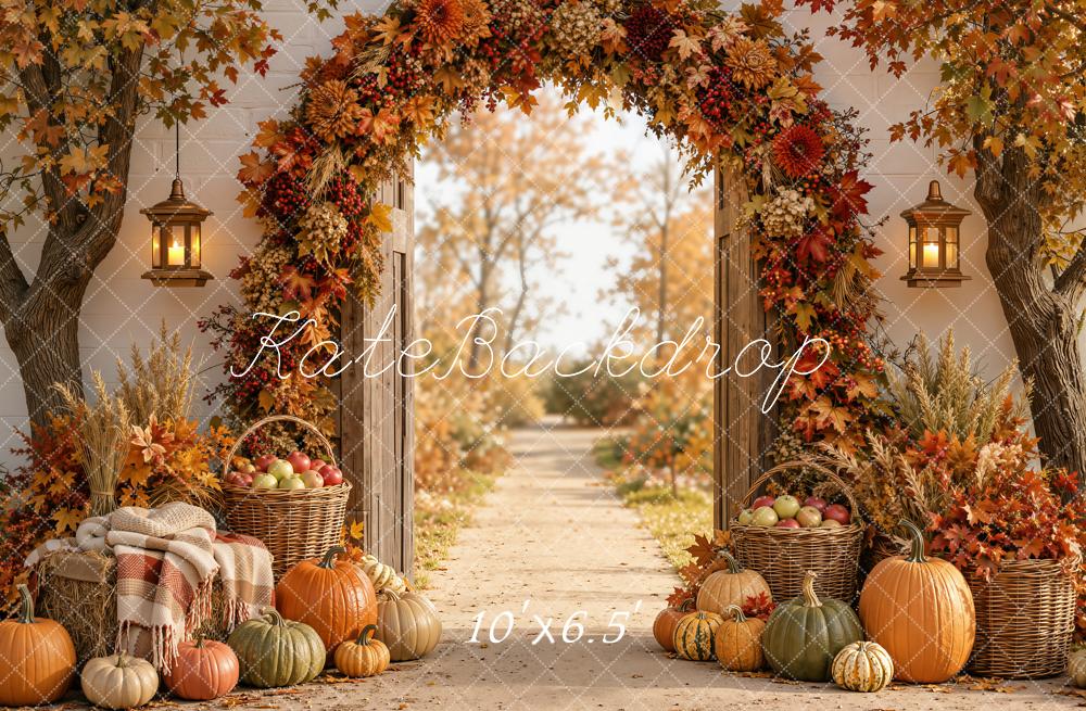 Kate Fall Flower Arch Pumpkin Baskets Garden Path Matte UV Printed Vinyl Backdrop