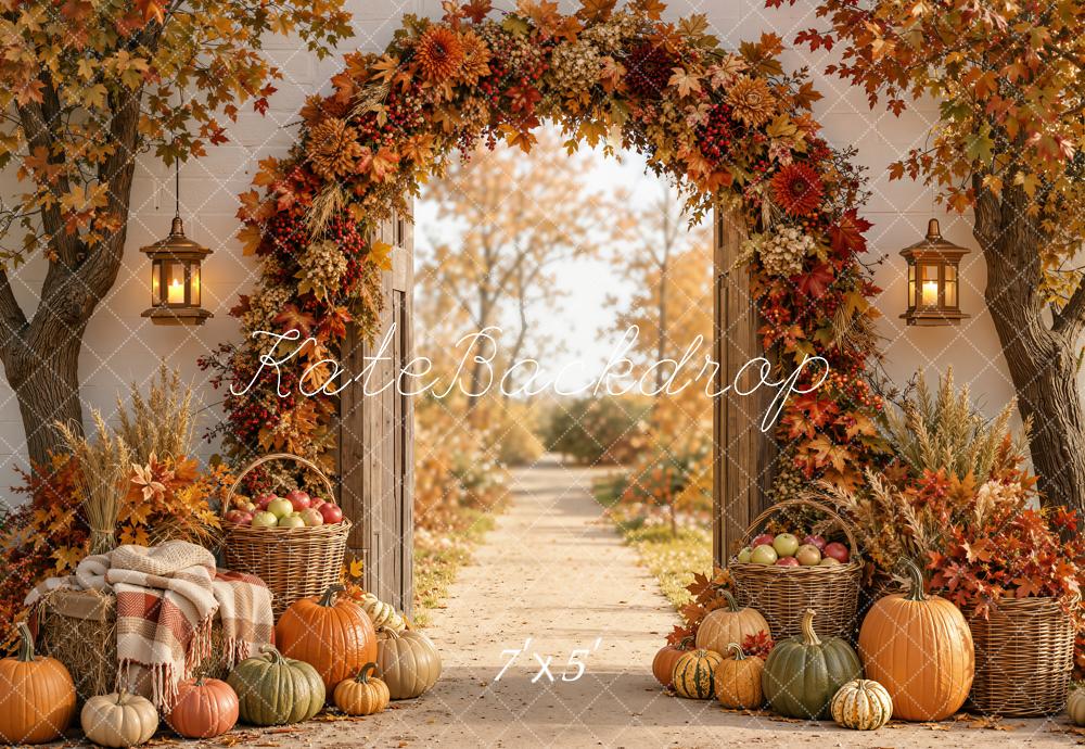 Kate Fall Flower Arch Pumpkin Baskets Garden Path Matte UV Printed Vinyl Backdrop