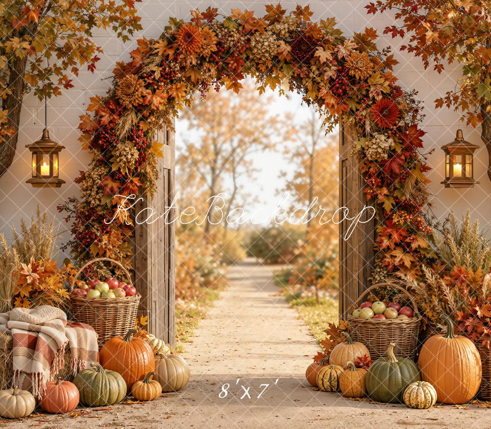 Kate Fall Flower Arch Pumpkin Baskets Garden Path Matte UV Printed Vinyl Backdrop