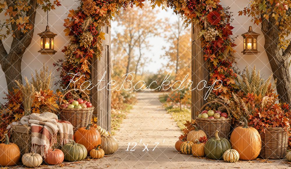 Kate Fall Flower Arch Pumpkin Baskets Garden Path Matte UV Printed Vinyl Backdrop