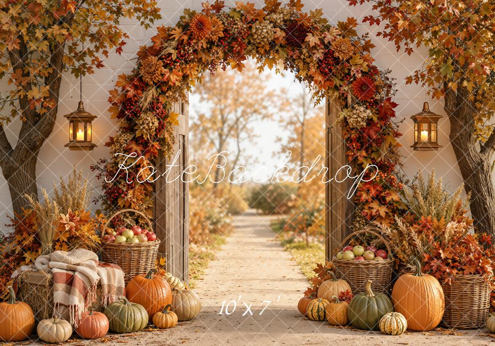 Kate Fall Flower Arch Pumpkin Baskets Garden Path Matte UV Printed Vinyl Backdrop