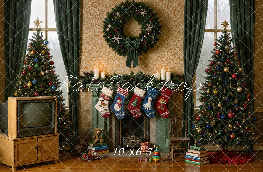 Kate Christmas 90s Trees Fireplace Wreath Vintage Television Matte UV Printed Vinyl Backdrop