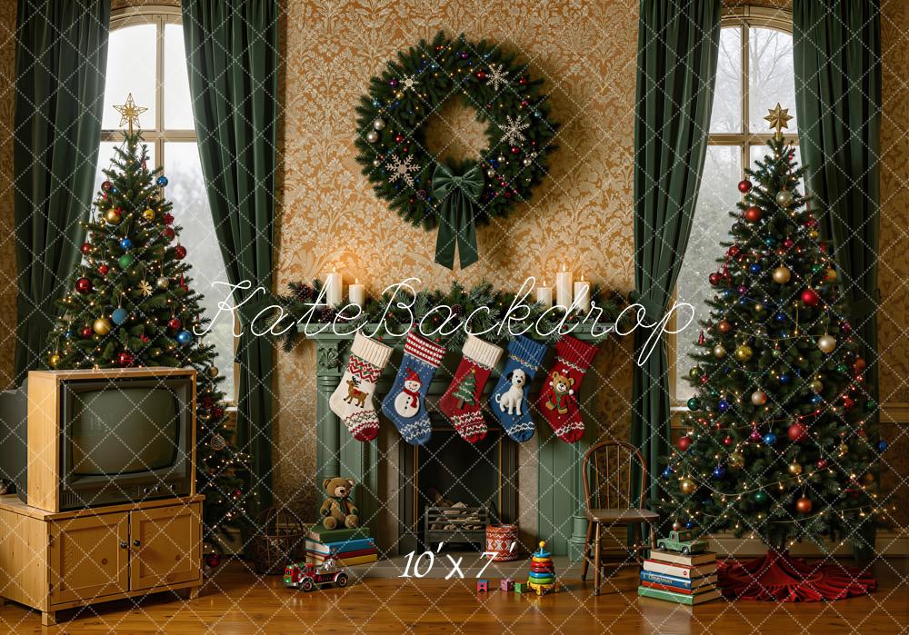 Kate Christmas 90s Trees Fireplace Wreath Vintage Television Matte UV Printed Vinyl Backdrop