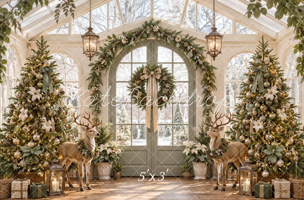Kate Christmas Greenhouse Arch Garland Deer Christmas Trees Matte UV Printed Vinyl Backdrop
