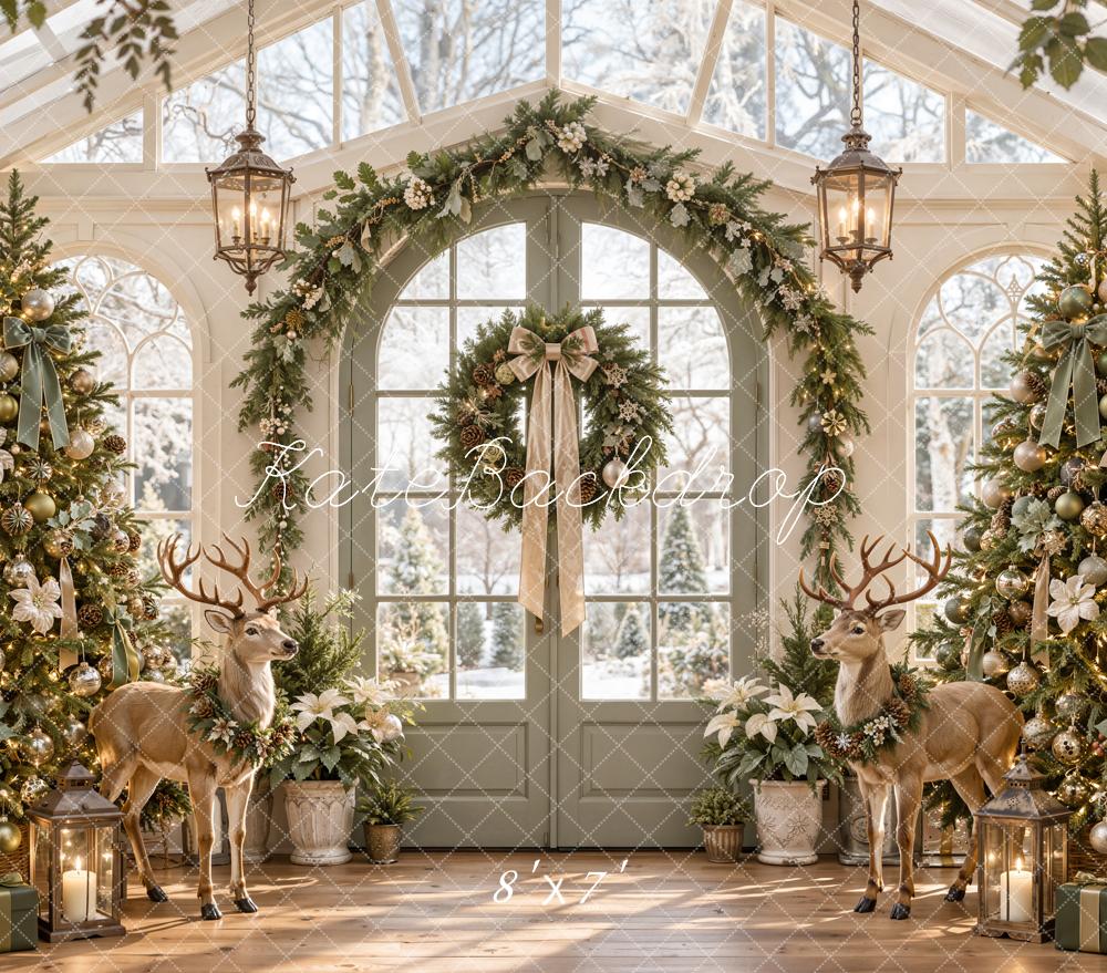 Kate Christmas Greenhouse Arch Garland Deer Christmas Trees Matte UV Printed Vinyl Backdrop