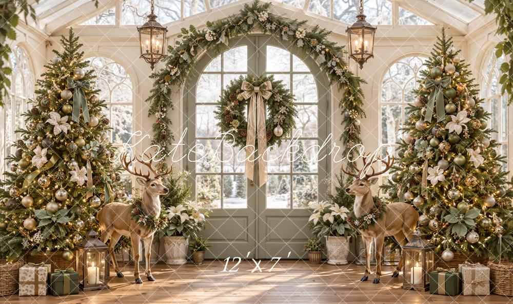 Kate Christmas Greenhouse Arch Garland Deer Christmas Trees Matte UV Printed Vinyl Backdrop