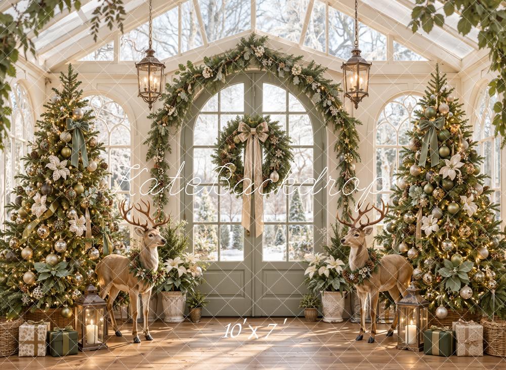 Kate Christmas Greenhouse Arch Garland Deer Christmas Trees Matte UV Printed Vinyl Backdrop