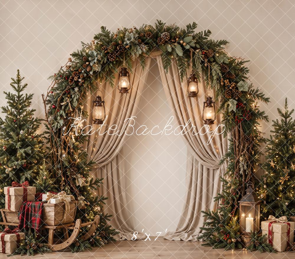 Kate Christmas Tree Evergreen Arch Draped Curtains Neutral Matte UV Printed Vinyl Backdrop