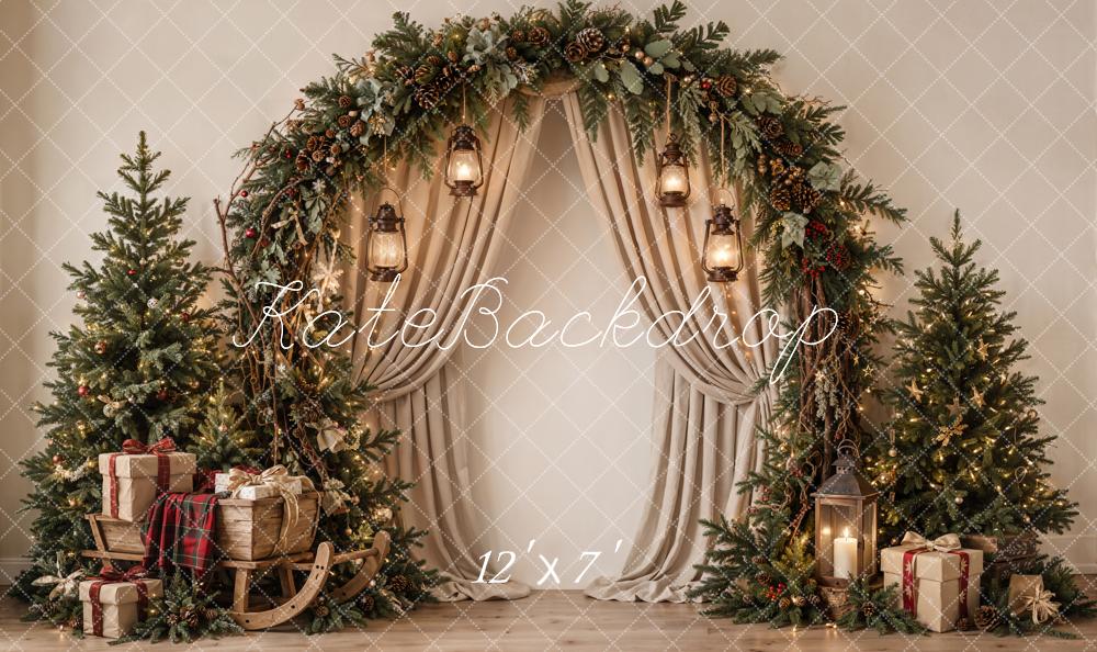 Kate Christmas Tree Evergreen Arch Draped Curtains Neutral Matte UV Printed Vinyl Backdrop