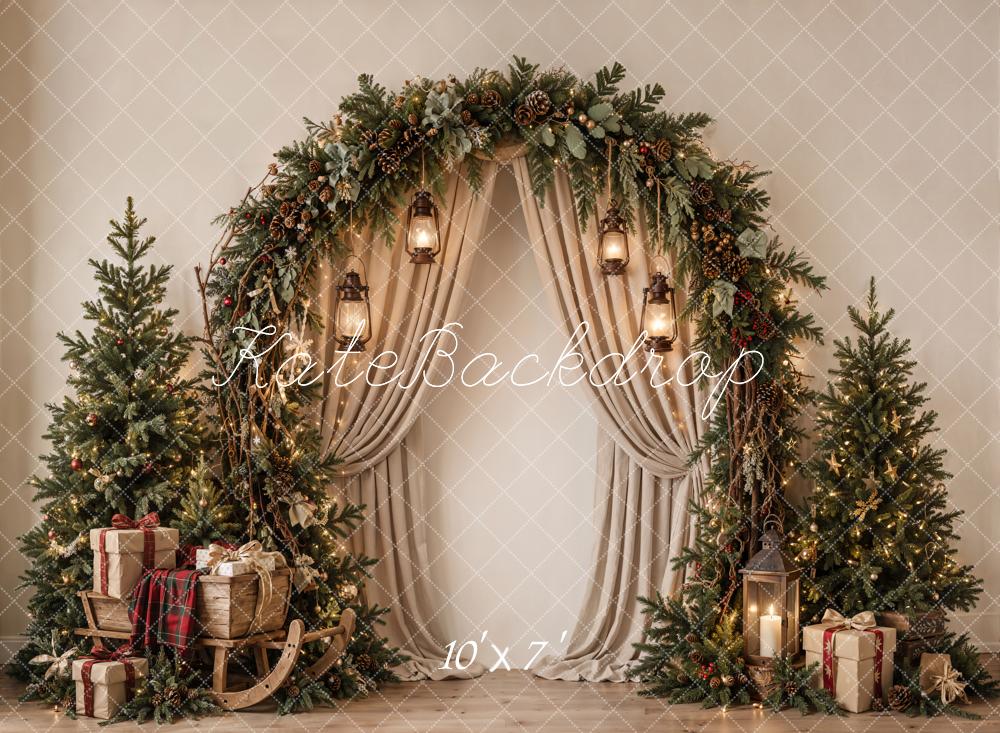 Kate Christmas Tree Evergreen Arch Draped Curtains Neutral Matte UV Printed Vinyl Backdrop
