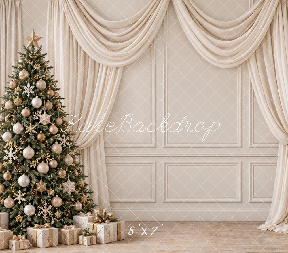 Kate Christmas Tree Gifts Draped Curtains Beige Vintage Wall Matte UV Printed Vinyl Backdrop
