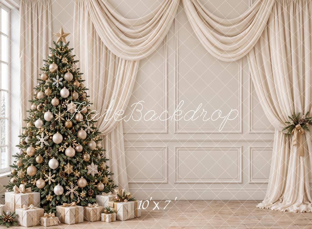 Kate Christmas Tree Gifts Draped Curtains Beige Vintage Wall Matte UV Printed Vinyl Backdrop
