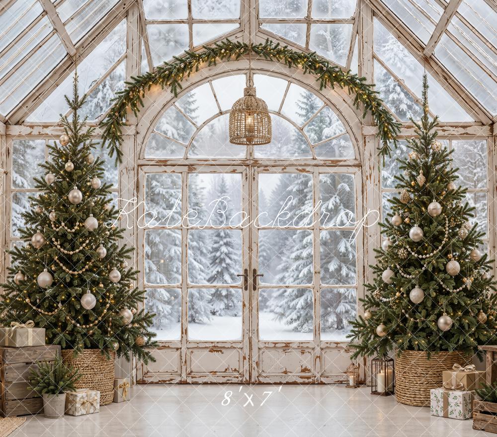 Kate Christmas Vintage Greenhouse Christmas Trees Garland Snowy Matte UV Printed Vinyl Backdrop