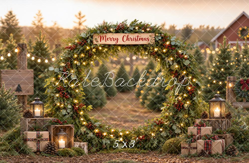 Kate Christmas Farm Greenery Arch Gift Boxes Rustic Matte UV Printed Vinyl Backdrop