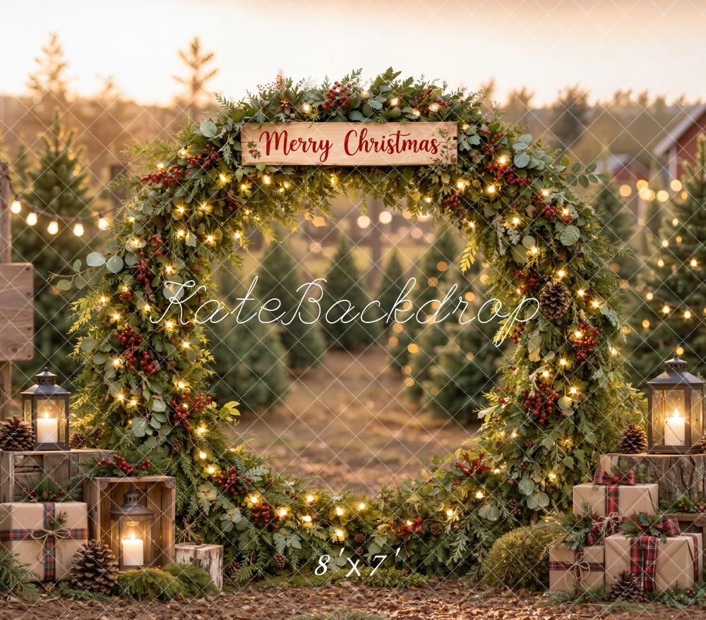 Kate Christmas Farm Greenery Arch Gift Boxes Rustic Matte UV Printed Vinyl Backdrop