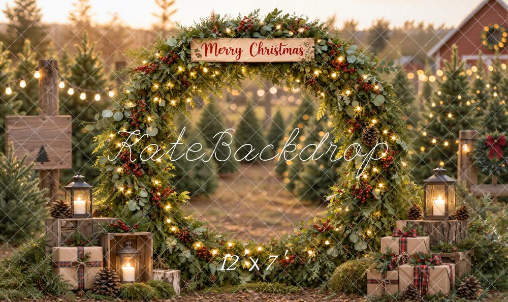 Kate Christmas Farm Greenery Arch Gift Boxes Rustic Matte UV Printed Vinyl Backdrop