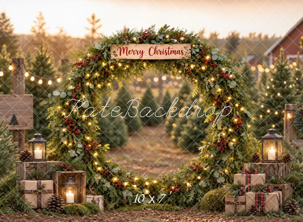 Kate Christmas Farm Greenery Arch Gift Boxes Rustic Matte UV Printed Vinyl Backdrop