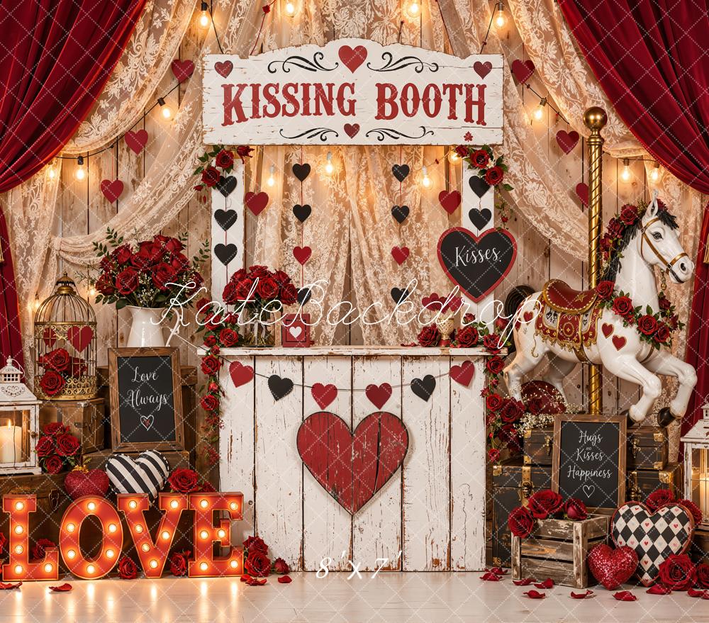Kate Valentine's Day Kissing Booth Carousel Horse Curtains Hearts Matte UV Printed Vinyl Backdrop
