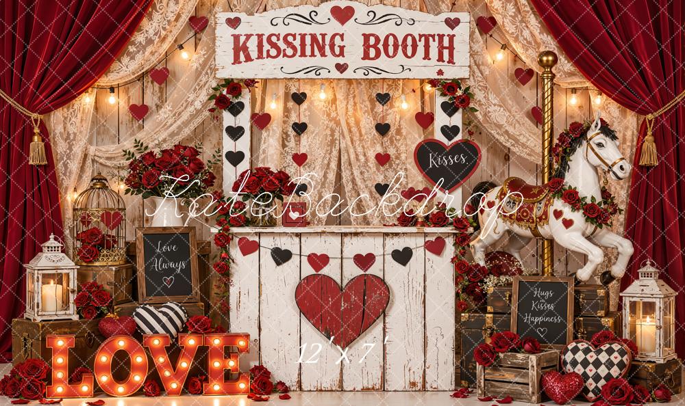 Kate Valentine's Day Kissing Booth Carousel Horse Curtains Hearts Matte UV Printed Vinyl Backdrop