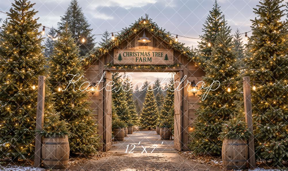 Kate Christmas Tree Farm Gate Wood Rustic Matte UV Printed Vinyl Backdrop