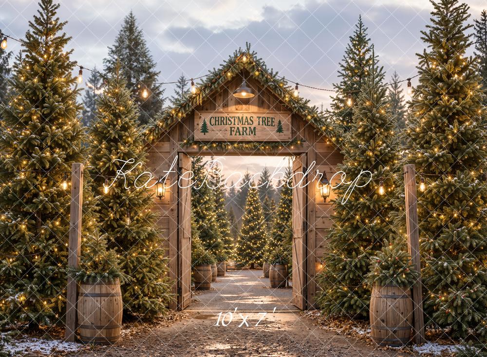 Kate Christmas Tree Farm Gate Wood Rustic Matte UV Printed Vinyl Backdrop