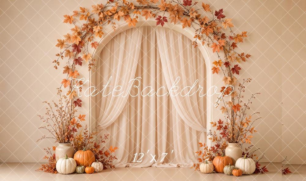 Kate Fall Maple Leaves Arch Pumpkins Beige Wall Matte UV Printed Vinyl Backdrop