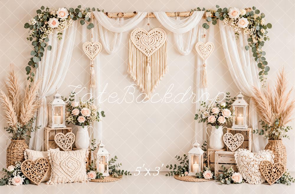 Kate Valentine's Day Boho Flower Arch Macrame Heart Sheer Drapes Matte UV Printed Vinyl Backdrop