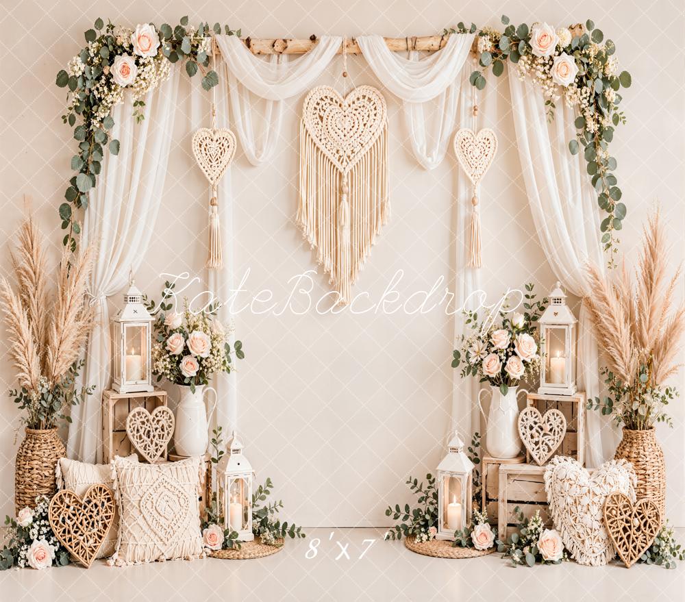 Kate Valentine's Day Boho Flower Arch Macrame Heart Sheer Drapes Matte UV Printed Vinyl Backdrop