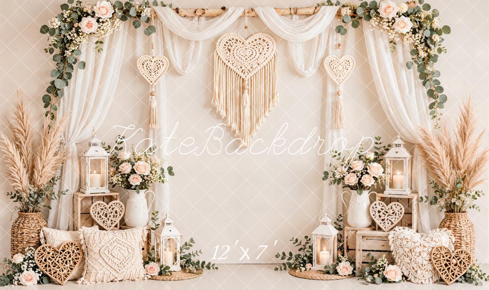 Kate Valentine's Day Boho Flower Arch Macrame Heart Sheer Drapes Matte UV Printed Vinyl Backdrop